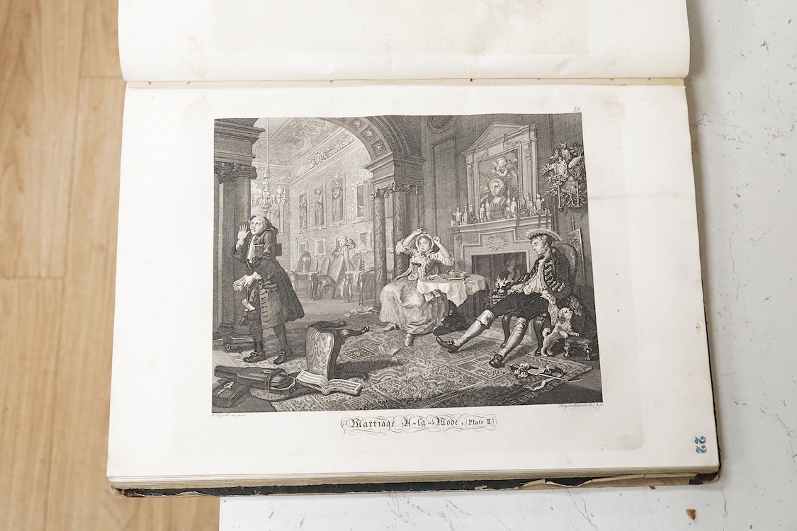 An album of 18th century and later etchings after William Hogarth (1697-1764), to include 'The Reward of Cruelty', 'Strolling Actresses Dressing in a Barn' and 'The Company of Undertakers', with handwritten ink itinerary